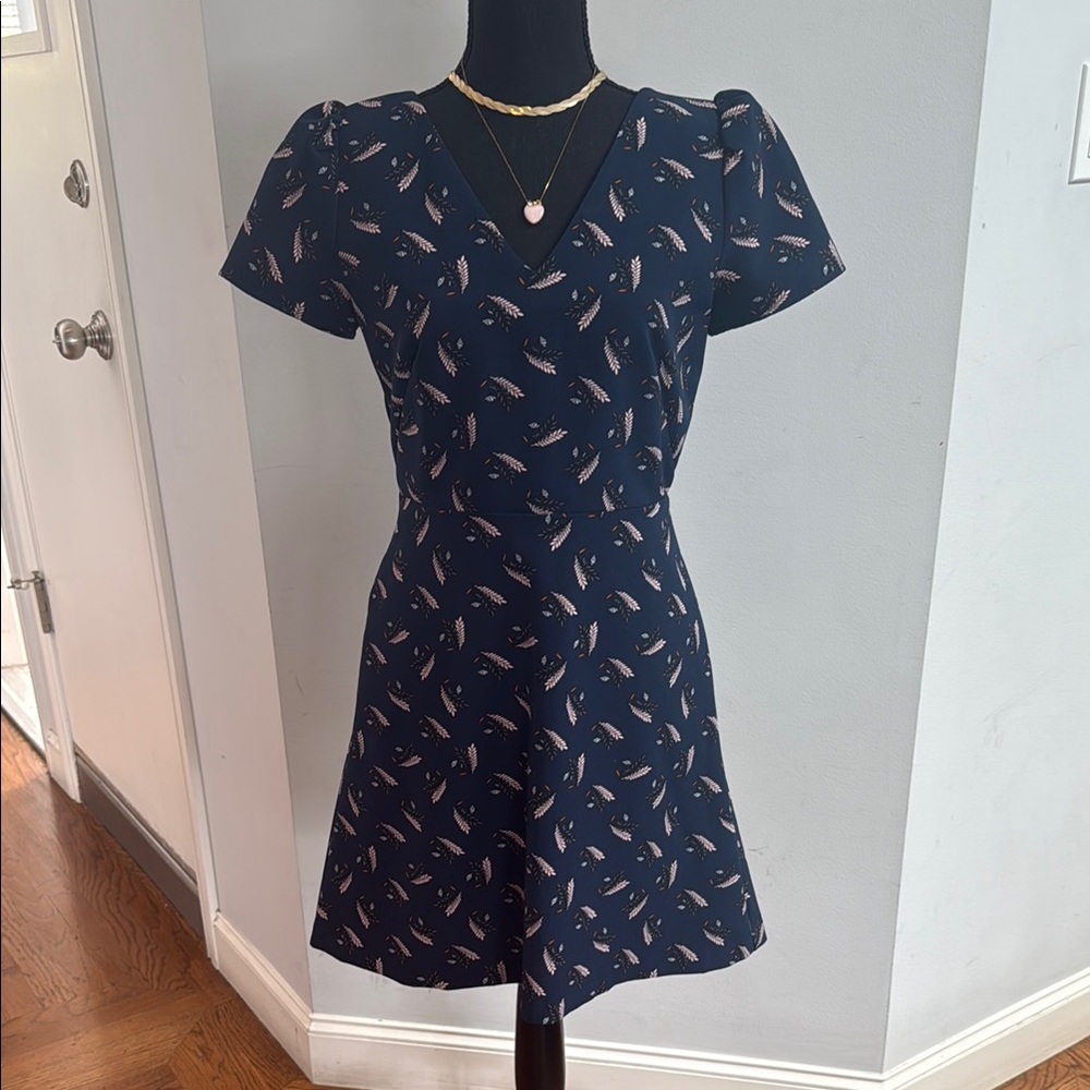 LOFT Blue A-Line Puff Sleeve V-Neck Dress